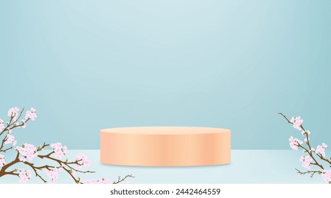 Spring background,Studio Room with 3D Podium Display with Cherry Blossoming on Blue Wall Background,Vector illustration backdrop Sakura flower frame border for Mother Day,Valentines,Easter Banner