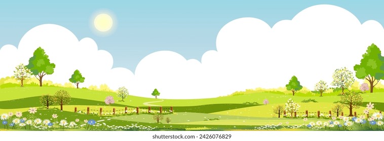 Spring Background,Vector blue sky and clouds over green fields landscape with mountain,Panoramic countryside rural nature in springtime with green grass land.illustration for spring and summer banner