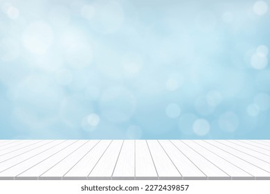 Spring Background,White Wood Texture with Nature Bokeh Light,Vector Backdrop Display Studio with Wooden Table Top with Blurry Light Effect.Horizon Banner for Spring,Summer Product Presentation 
