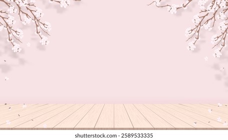 Spring background,Wood table and Cherry blossom on pink background for product presentation,Studio background Pink sakura flower blooming border frame for Easter sale,Backdrop for Mother Day Banner