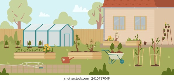 Spring backyard with gardening tools, greenhouse beds and freshly planted trees and bushes flat vector illustration. Spring garden with no people scenery.