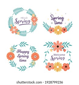 Spring badge and label collection. Hello spring. Greeting card. Vector illustration. Hand drawn. Flat design.