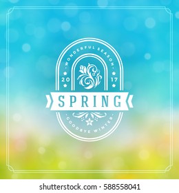 Spring Badge Vector Typographic Design Greeting Card. Spring Blurred lights Background and flowers. Eps 10.
