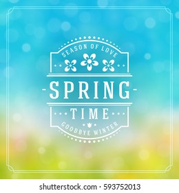 Spring Badge Vector Typographic Design Greeting Card. Spring Blurred lights Background and flowers. Eps 10.