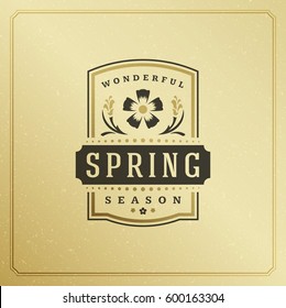 Spring Badge Vector Typographic Design Vintage Greeting Card. Golden textured Background. Eps 10.