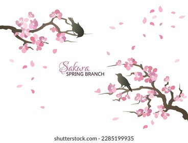 Spring baground with sakura branches and birds. Spring poster or greeting card with blooming sakura. Vector illustration. 