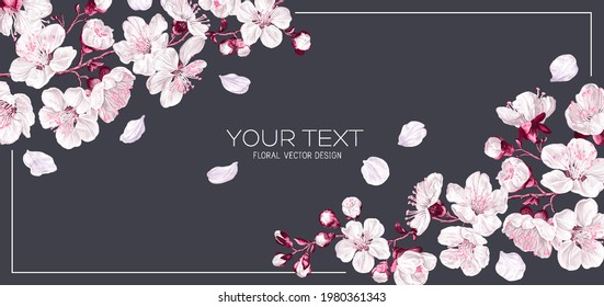 Spring banner with apricot flowers blooming branches. White with pink flowers on dark background, place for text. Banner for social networks, outdoor advertising. Highly realistic flowers, vector