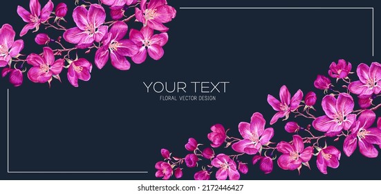 Spring banner with apricot flowers blooming branches. White with pink flowers on dark background, place for text. Banner for social networks, outdoor advertising. Highly realistic flowers, vector