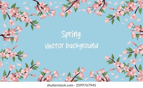 Spring banner background with spring branch. Pink flowers on blue sky background. Design for on cards, banners, invitations.