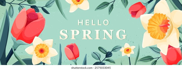 Spring banner background, vector illustration. Cute tulip and daffodil flowers, leaves, textures, text for floral spring design, easter, birthday, mothers day.