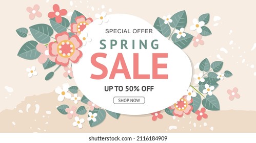 Spring banner with beautiful flowers. Seasonal sale vector template. Background design for greeting card, flyer, invitation, poster, brochure, discount voucher