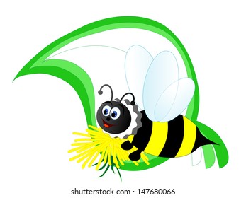 Spring banner with bee and green leaf