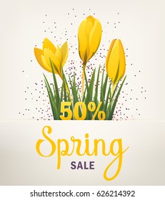 Spring banner. Big Offer Sale poster for Mothers Day, Spring, Summer. Banner with flowers, yellow crocus. Vector illustration EPS10 for flyer design, online shopping, advertising, magazine, website