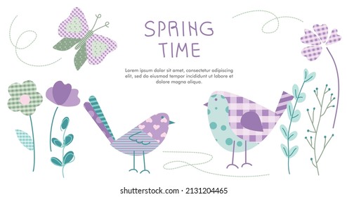 Spring  banner with  bird or dove, butterfly and flowers in pastel colors and tartan pattern. The vector illustration in abstract patchwork flat design or POP ART style.