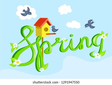 spring banner, birds, nesting box. vector illustration