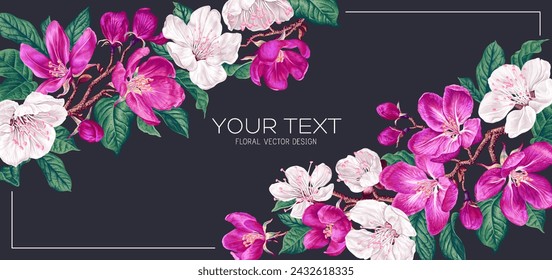 Spring banner with blooming branches of fruit trees. White and pink flowers on a dark background, space for text. Banner for social networks, outdoor advertising. Highly realistic flowers, vector