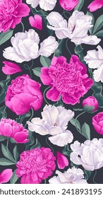 Spring banner with blooming white and pink tulip and peony flowers on a dark background. Template for social networks, background for wallpapers on phones. Highly realistic plants, vector