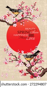 Spring banner with blossoming sakura branch, red circle - Japan symbol and birds on a textural paper background