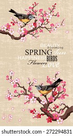 Spring banner with blossoming sakura branch and birds on a textural paper background