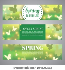 Spring banner. Bokeh vector design. Beautiful Blurred Lights with Butterflies
