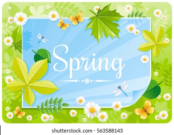 Spring banner border. Cute forest poster, green grass, blue sky, flower, leaf, butterfly. Springtime nature. Paper sheet copyspace. Vector illustration. Flat greeting card background, text letter