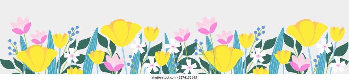 Spring banner, border. Light background with spring bright flowers. Vector illustration