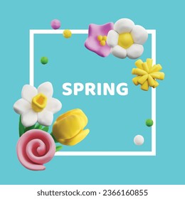 Spring banner or card poster template with colorful rendered flowers, 3D realistic vector illustration. Spring or summer time season card design in square shape.
