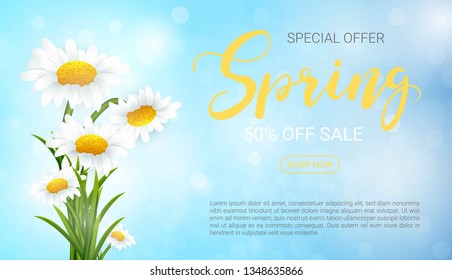 Spring banner with  chamomiles flowers.Vector sale template banner. Clearance Banner, Poster, Flyer