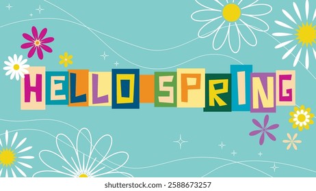 Spring banner with colorful letters collage and flowers