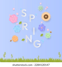 Spring banner concept. Spring text with colorful flower, leaf, and grass. Paper cut and craft design.