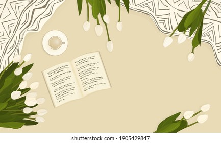 Spring banner, copy space, beige background. Open fictional nonexistent book for reading,words are crossed out, white tulips, patterned plaids,cup of coffee or hot chocolate are on the bed in the room