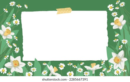 Spring banner with daffodils and daisies. Flowers background for design. Place for your text.