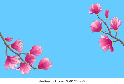 Spring banner design frame with blooming magnolias. Pink flowers blossom on bright sky blue background. Chinese plant cartoon vector illustration cute magnolia tree branches. Copy space for text.