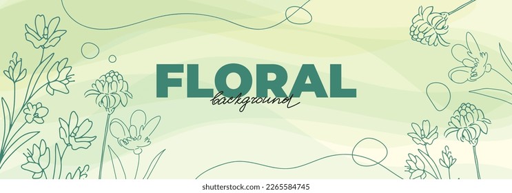 Spring banner design with linear floral elements, watercolor style background. Green botanical template with line graphics, tulips, branches, ginger flower