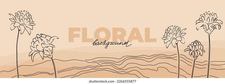 Spring banner design with linear floral elements, stems of  ginger flower in desert. Watercolor style background. Beige botanical template with line graphics
