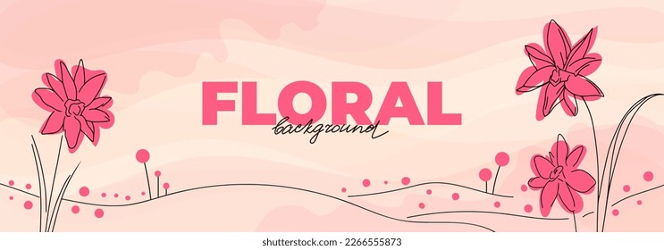 Spring banner design with red flowers, linear and floral elements, watercolor style background. Pink botanical template with line graphics
