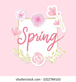 Spring banner design. Square frame with hand drawn flowers and branches. Handwritten calligraphy word Spring