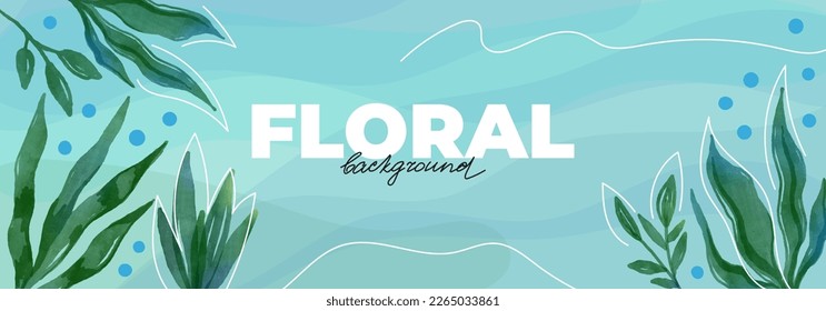 Spring banner design with watercolor leaves, stems. Background template with botanical, floral and linear elements. Blue banner with sea plants, seaweed