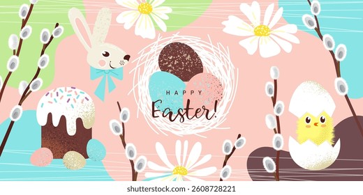 spring banner with Easter symbols, willow twigs, eggs and cake, chicken and rabbit. flat drawing with textures in pastel colors. stock vector illustration. EPS 10.