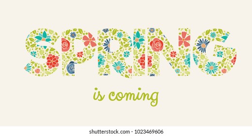 Spring - banner with floral text. Vector.
