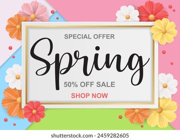 spring Banner flower frame, paper cut spring flowers background, flyers, invitation, posters, brochure, voucher discount.