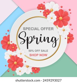 spring Banner flower frame, paper cut spring flowers background, flyers, invitation, posters, brochure, voucher discount.