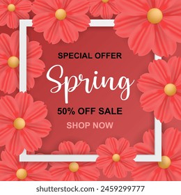 spring Banner flower frame, paper cut spring flowers background, flyers, invitation, posters, brochure, voucher discount.