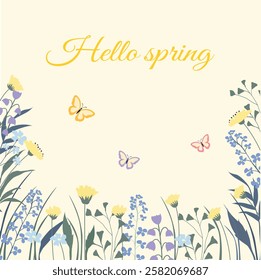 spring banner with flowers and butterflies, wildflowers, flower frame, spring mood