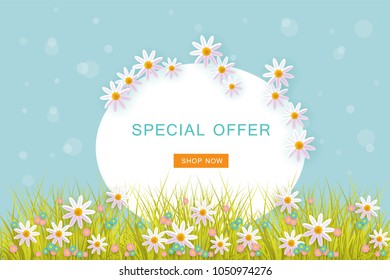 Spring banner with flowers, green grass and blue sky with big white oval space for text - greeting card decoration element for Easter greeting card, congratulation poster. Cartoon vector illustration.