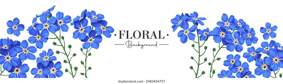 Spring banner with forget-me-not flowers. Blue plants on white background, place for text. Banner for social networks, outdoor advertising. Very realistic flowers, the vector is completely hand-drawn 