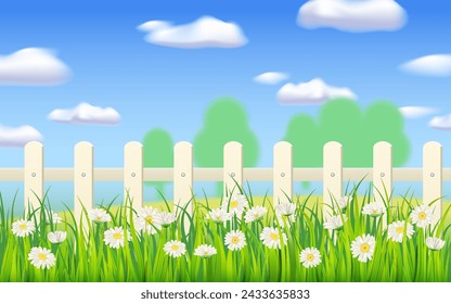 Bannière printanière herbe verte, fleurs de marguerite, clôture blanche