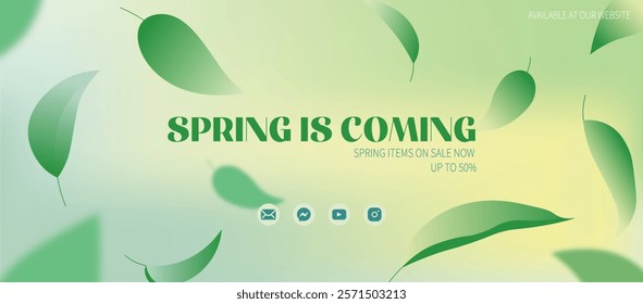 Spring Banner with Green Leaves and Call-to-Action for Discounts
