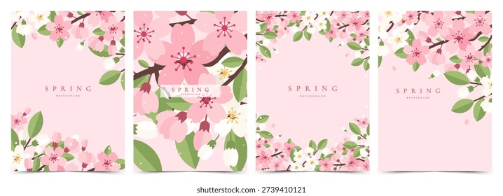 Spring banner, greeting card, cover, poster set with Sakura cherry blossom branches. Floral art template for Japanese themed, Hanami, wedding, Mothers Day, birthday, Easter