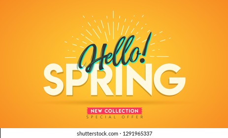 Spring banner. Hello. Trendy textured. Season vocation, weekend, holiday logo. New collection. Happy spring Day. Hello Spring vector. Special offer. Fashionable modern color styling template.